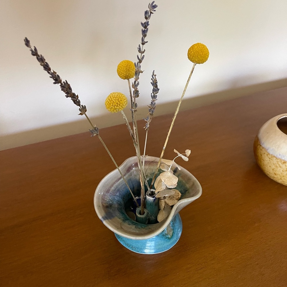 Vintage mid century modern studio ceramic teal glaze three multi spout pot vase